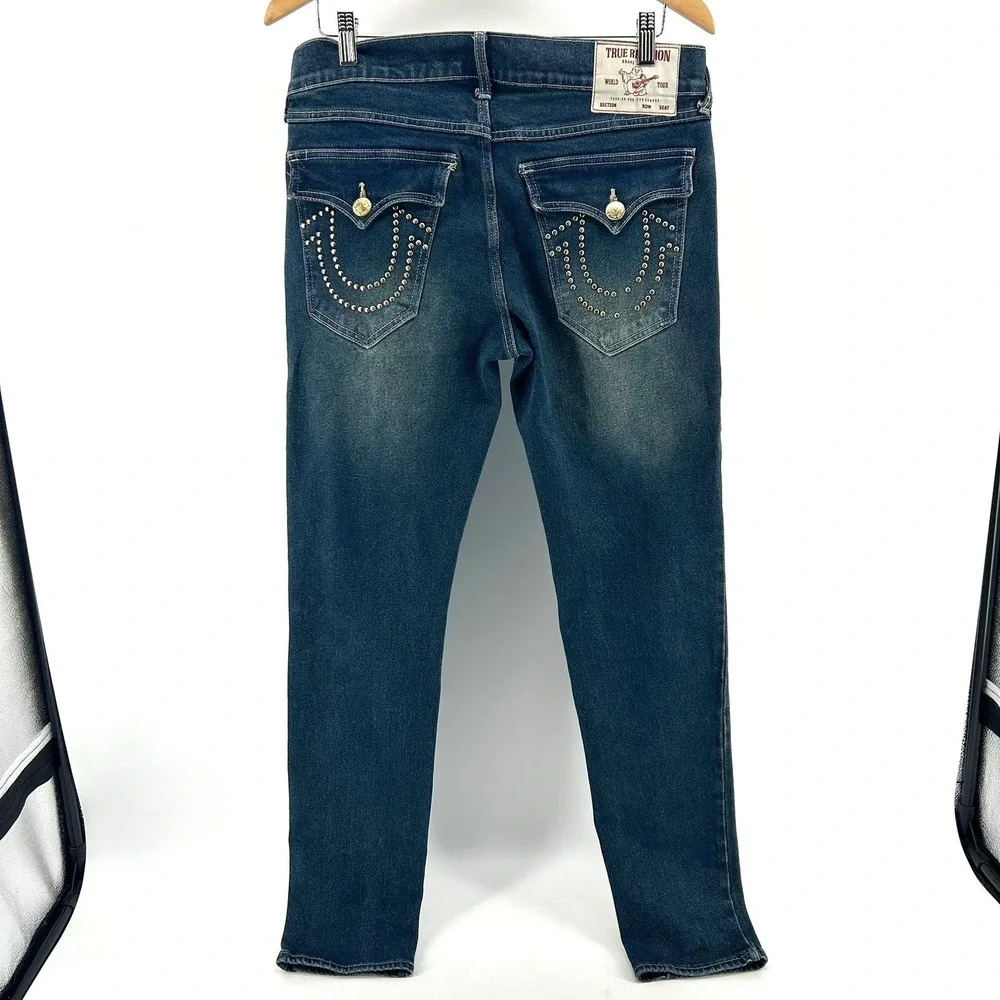 True Religion Geno Relaxed Slim Jeans Studded Horseshoe Big T Pocket Mens SZ 30